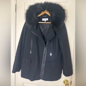 Calvin Klein Women’s Black Wool Coat Size Large Removable Hood Excellent Conditi